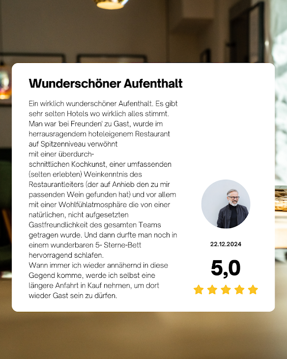 5-Sterne Gästebewertung wunderschöner Aufenthalt im Weinforum Franken, Dezember 2024